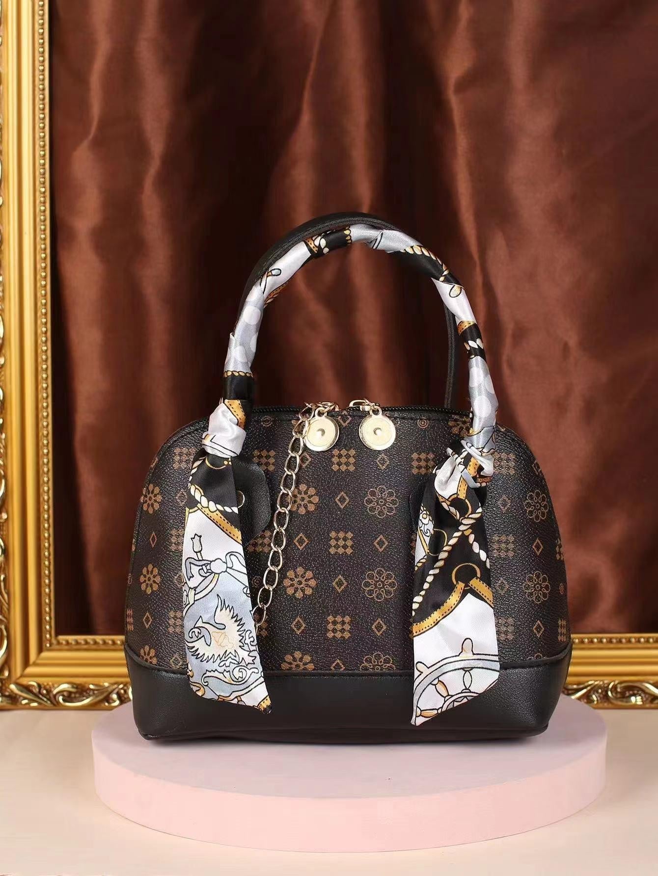 1Pc Mini Geometric Print Handbag with Coffee Scarf Handle and Chain Strap