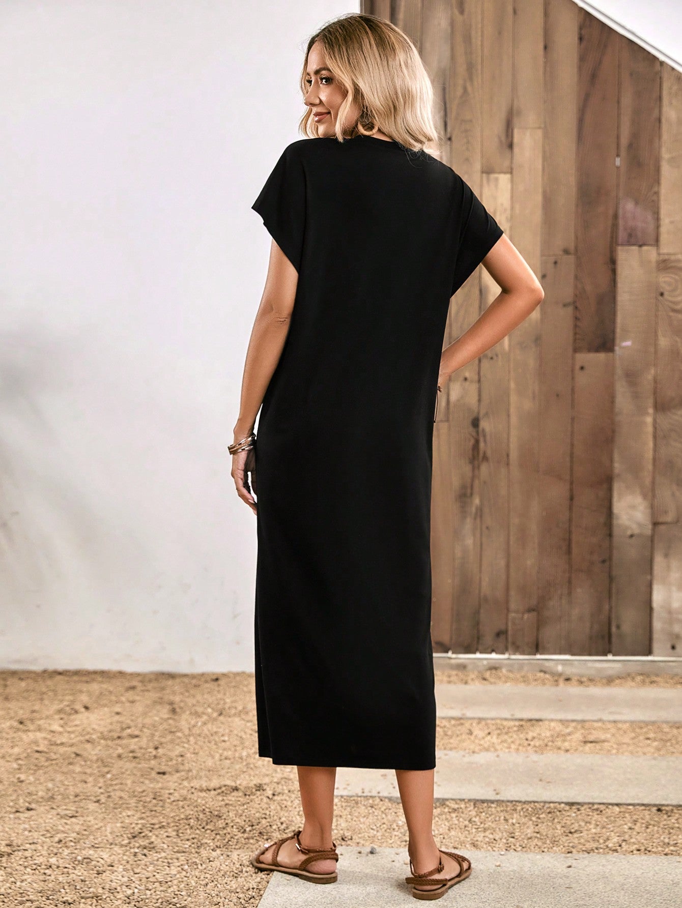 SHEIN LUNE Solid Batwing Sleeve Tee Dress