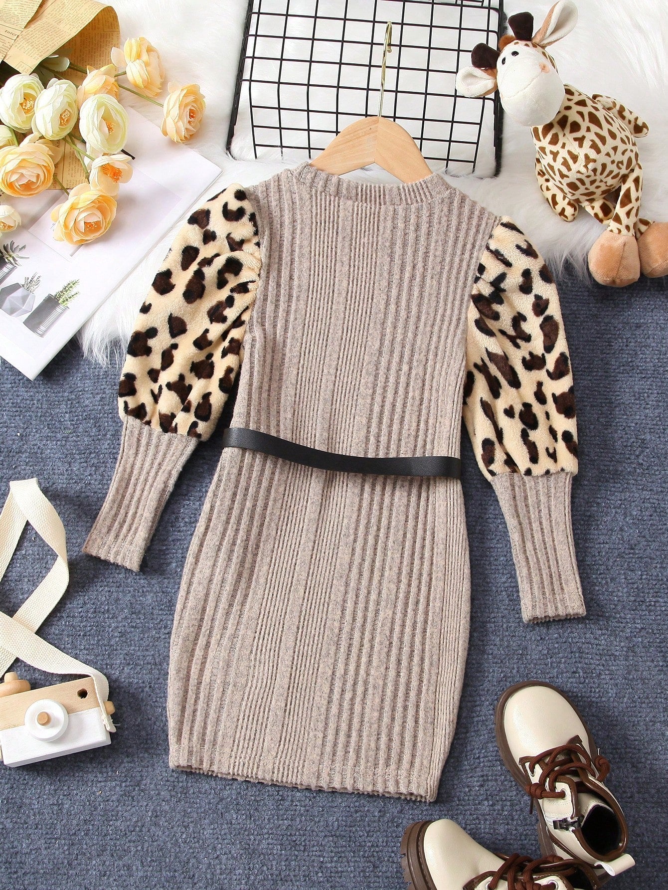 Young Girl Leopard Print Gigot Sleeve Dress with Belt Bag