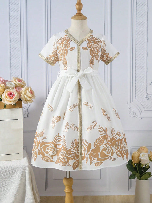 SHEIN Kids FANZEY Young Girl'S Floral Printed Patchwork Tape Short Sleeve Dress