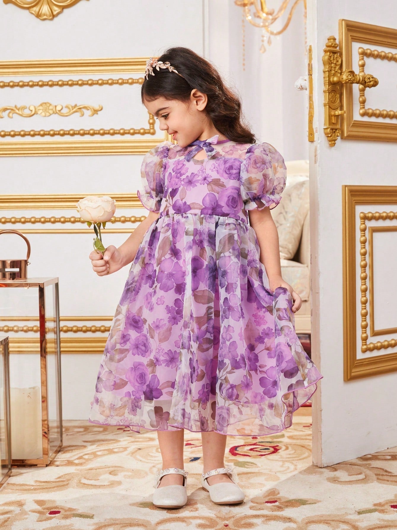 SHEIN Kids Nujoom Young Girl'S Casual Floral Printed Puff-Sleeve Dress with Mesh Fabric