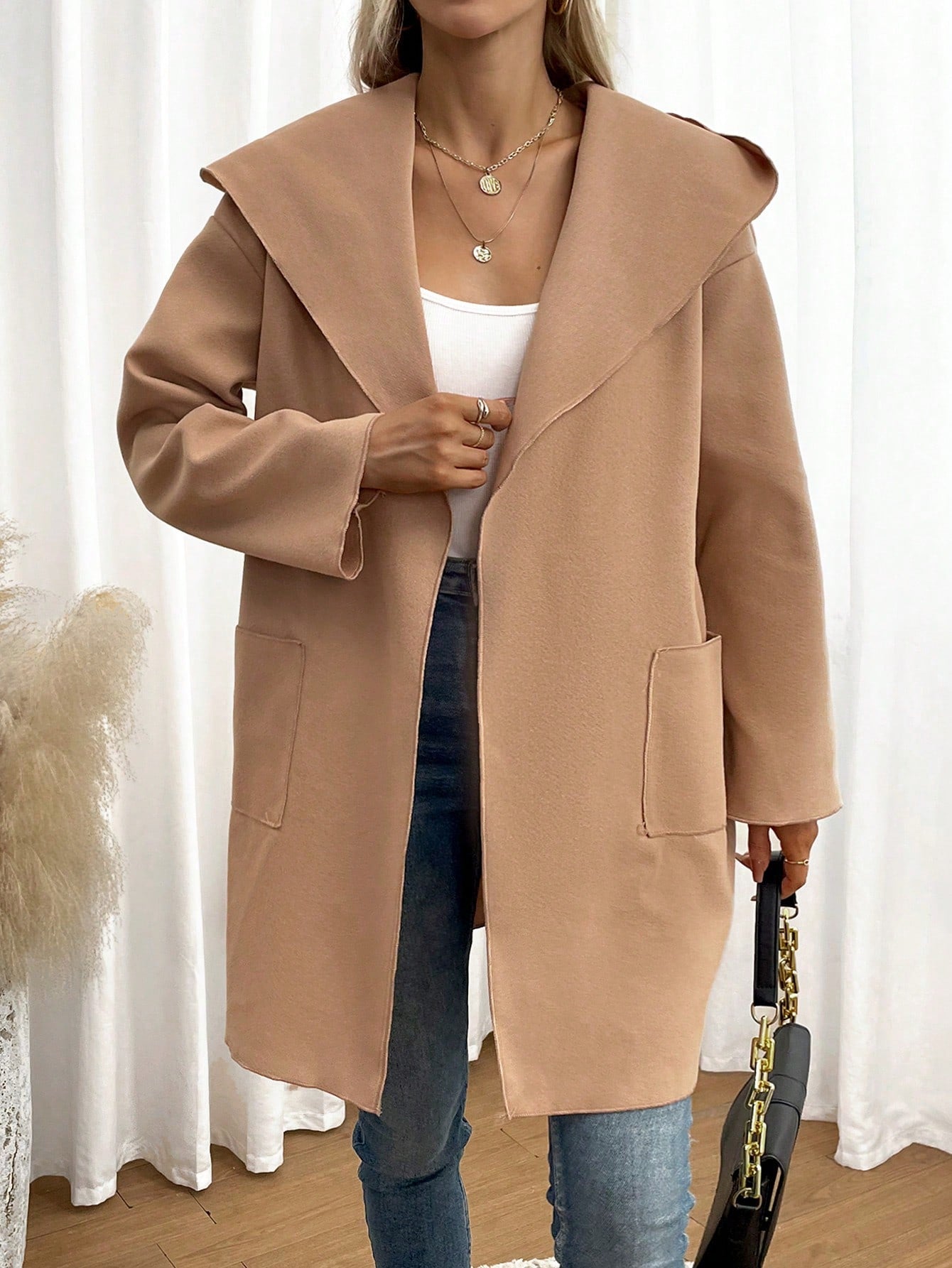 SHEIN Essnce Waterfall Collar Dual Pocket Open Front Overcoat