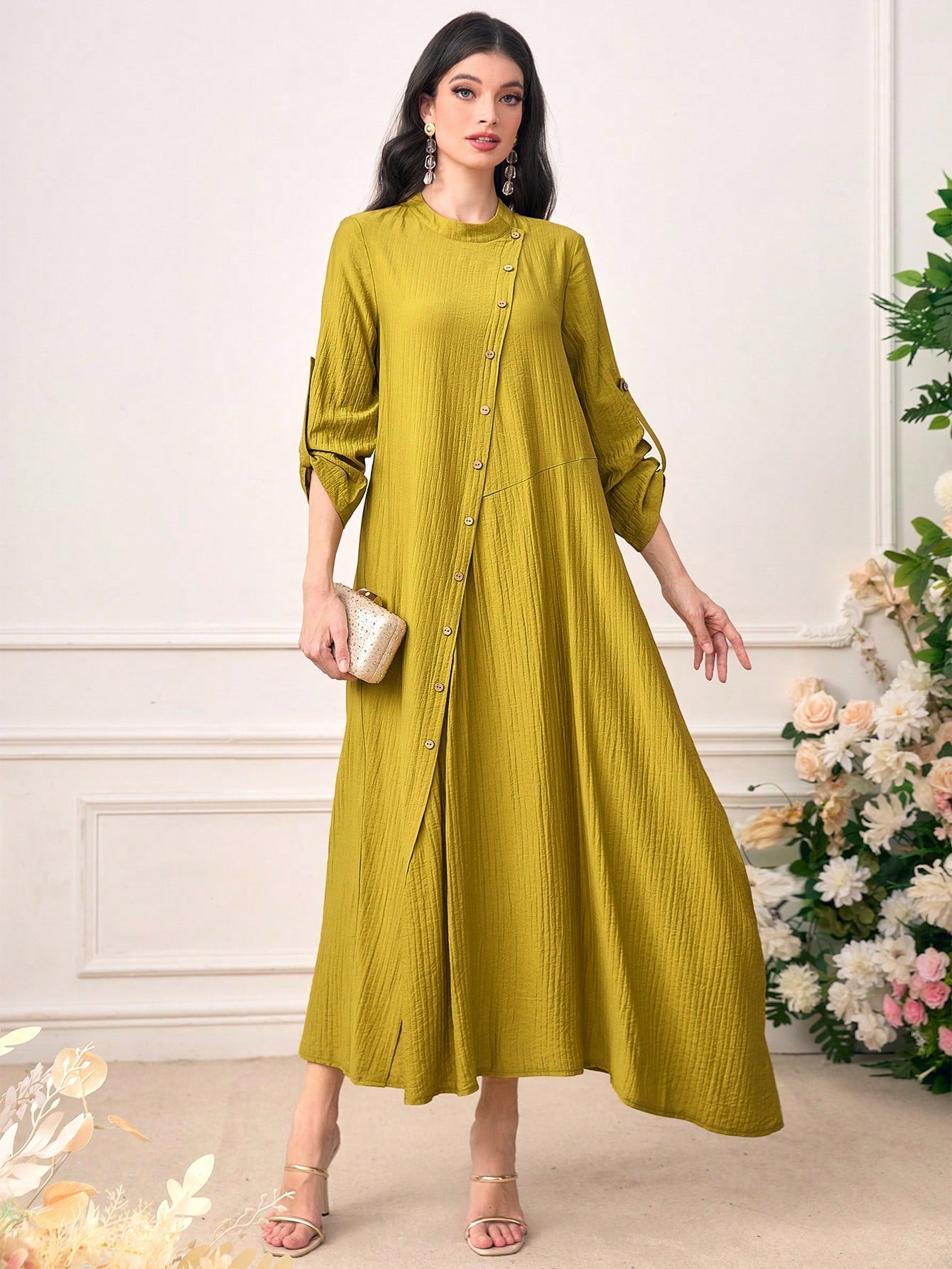 SHEIN Najma Roll up Sleeve Button Front Asymmetrical Hem Dress