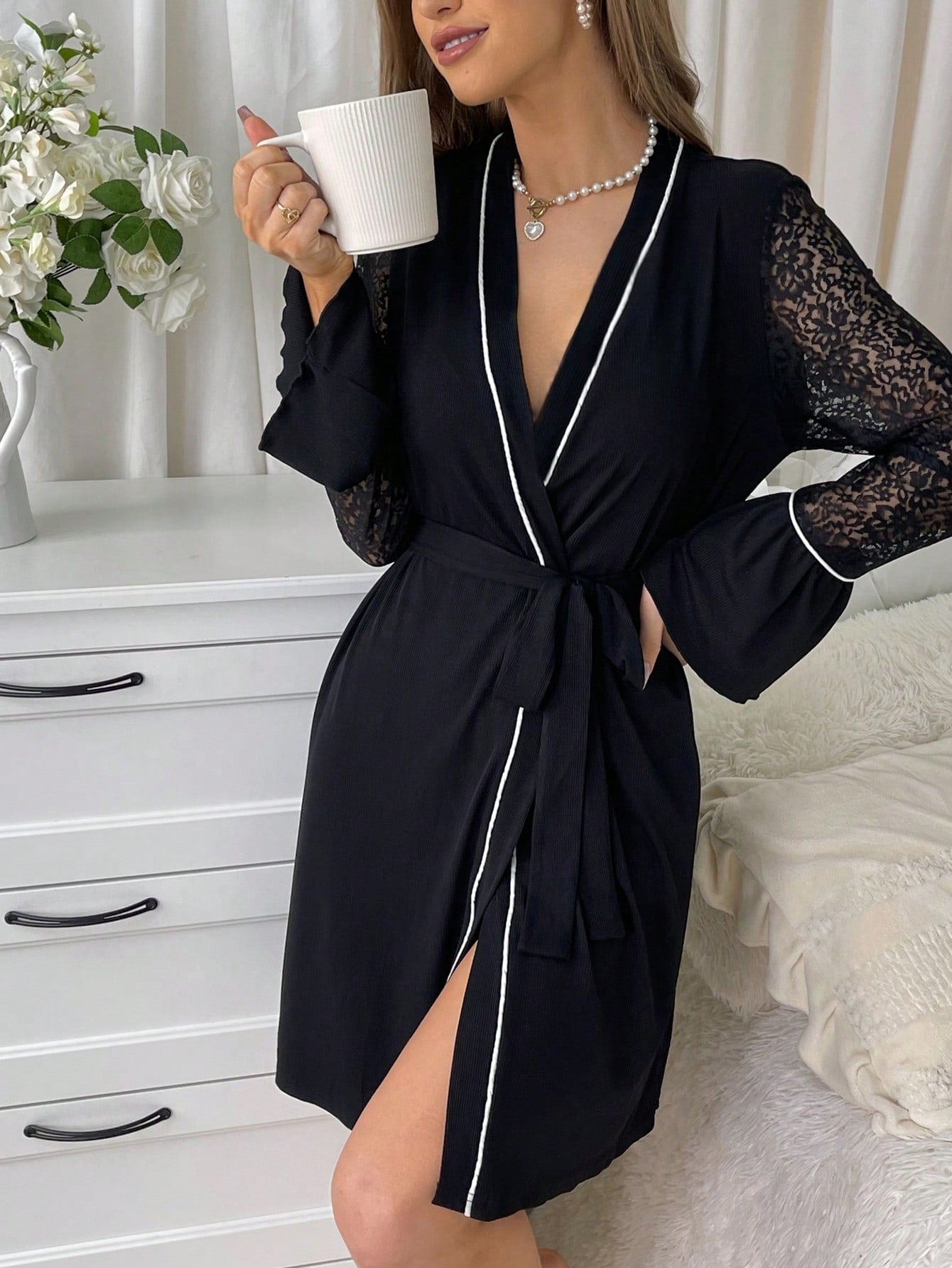 Contrast Lace Flounce Sleeve Belted Robe