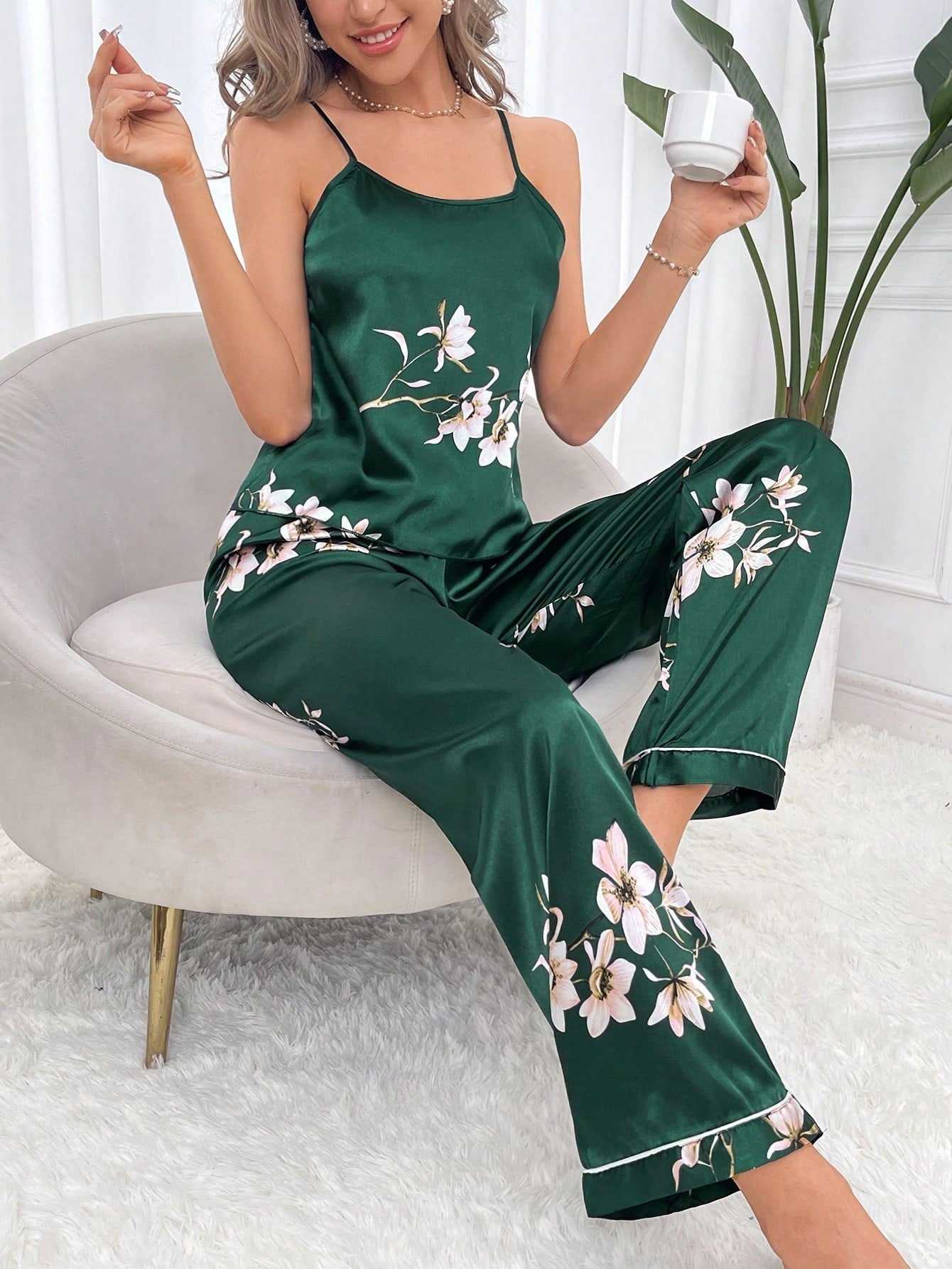 Floral Print Satin Cami Top & Pants PJ Set