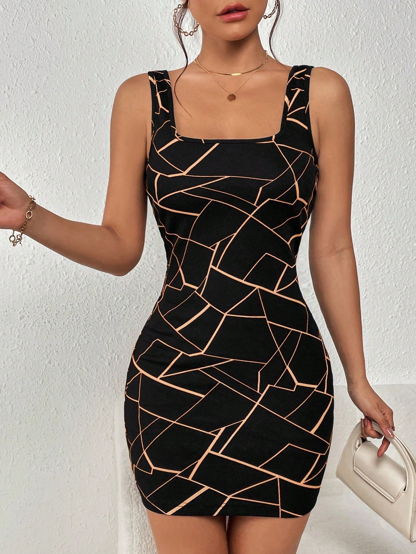 SHEIN Privé Allover Geo Print Square Neck Tank Dress
