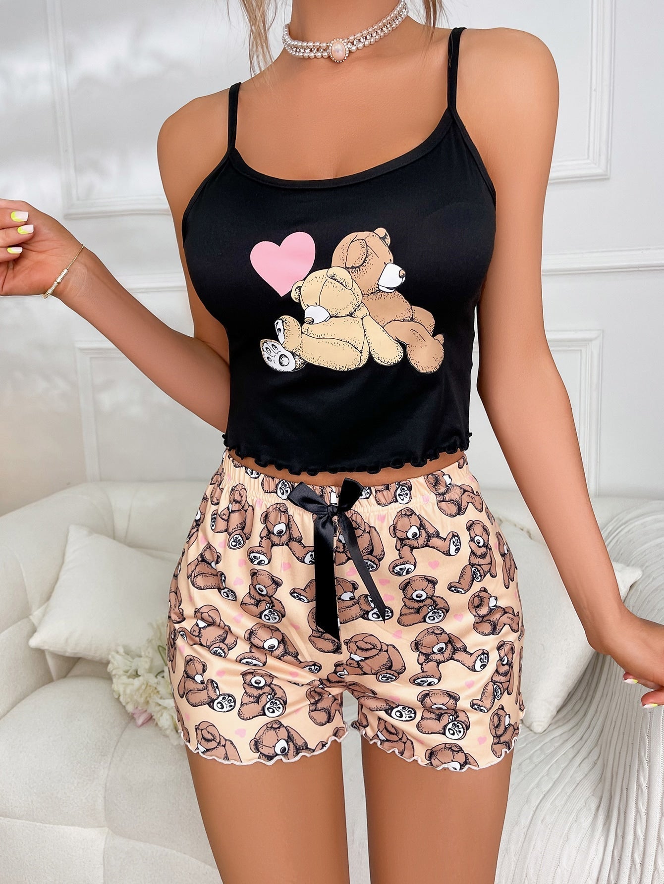 Bear & Heart Print Bow Front PJ Set
