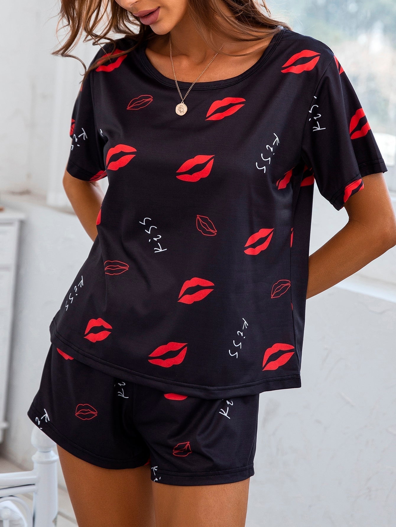 Letter & Lip Print PJ Set with Eye Cover