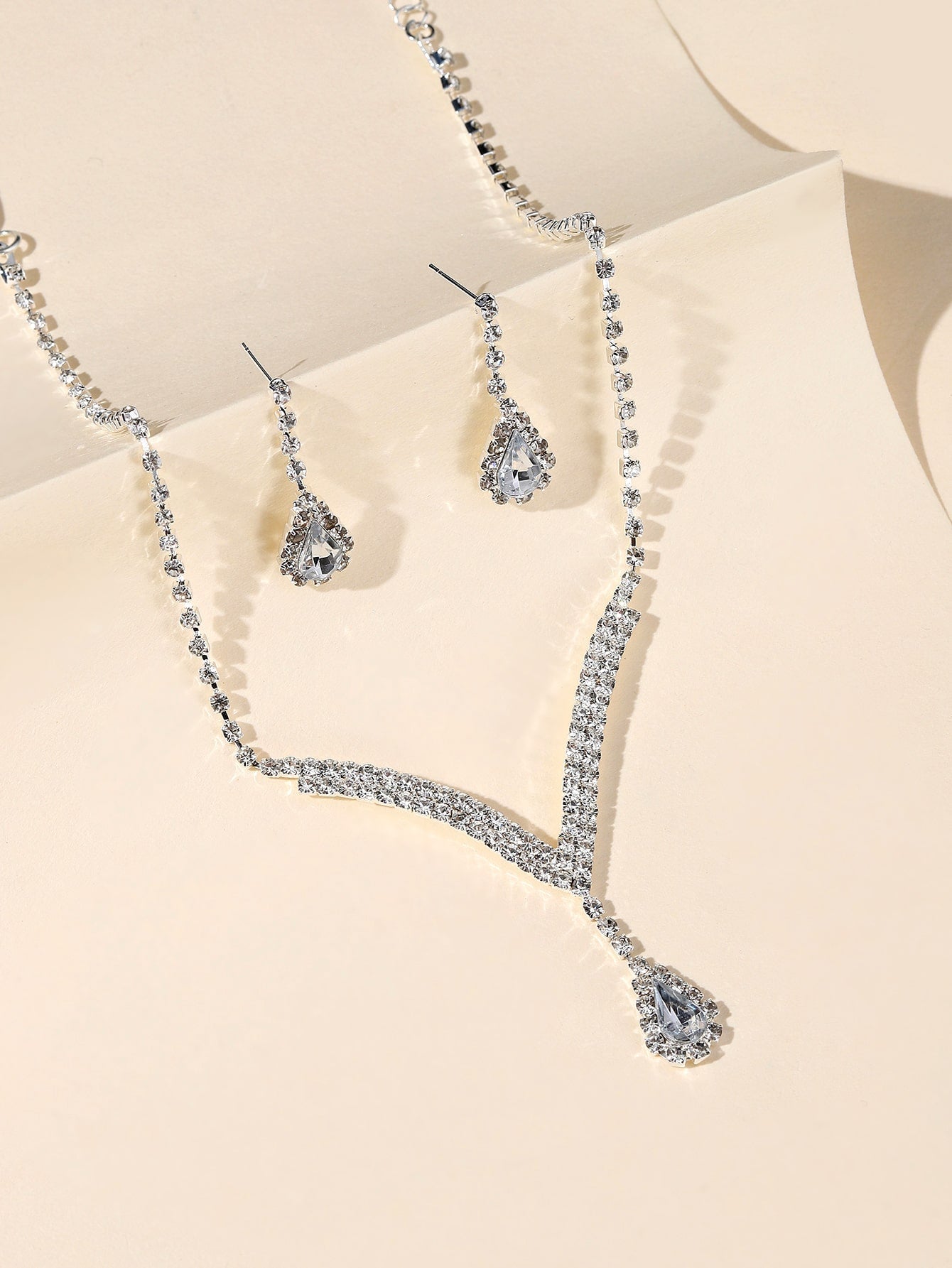 2Pcs/Set Women'S Luxury Rhinestone Water Drop Pendant Necklace and Earrings Set for Wedding, Party