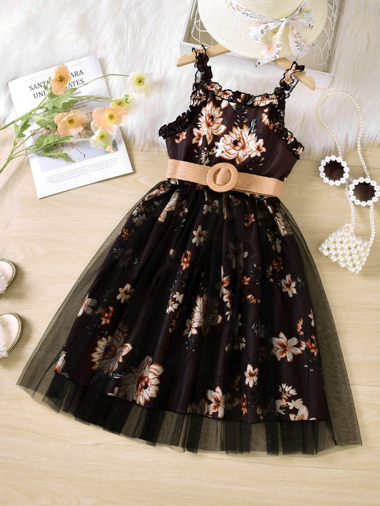 SHEIN Kids SUNSHNE Girls Floral Print Frill Contrast Mesh Hem Belted Cami Dress