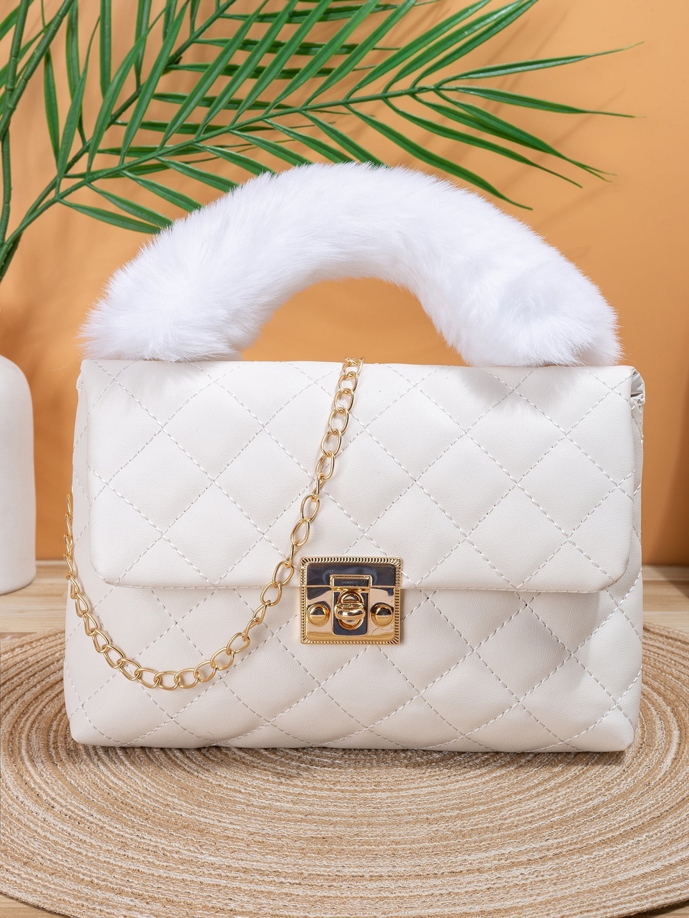 Fluffy Fluffy Handle Quilted Flap Square Bag for Girls