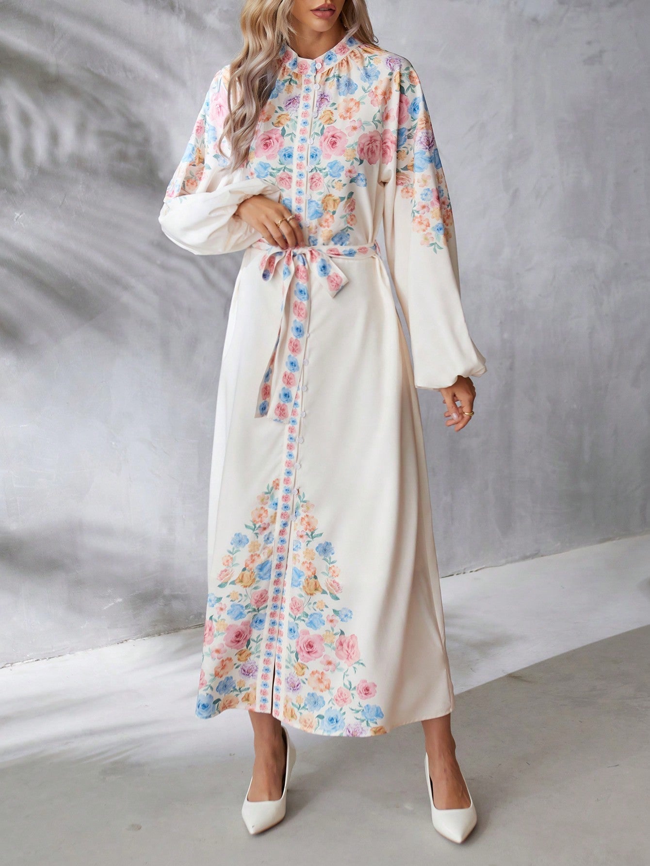 SHEIN VCAY Floral Printed Long Sleeve Belted Dress for Women
