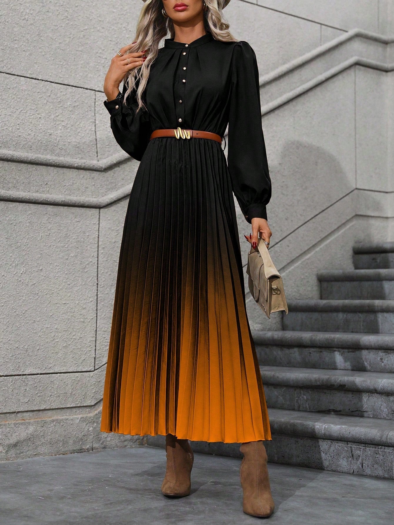 Ombre Pleated Hem Shirt Dress without Belt