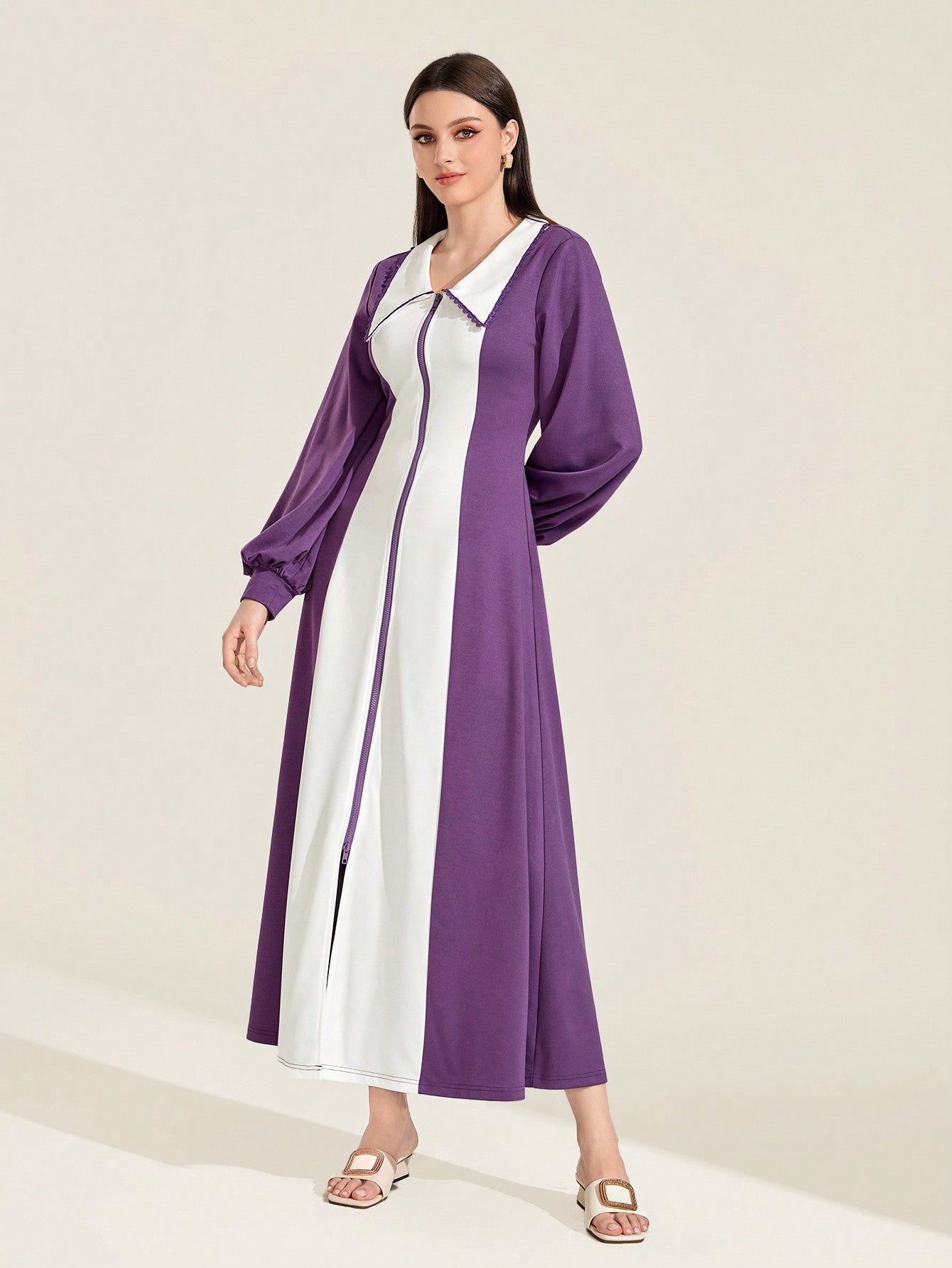 SHEIN Mulvari Two Tone Lantern Sleeve Split Hem Dress