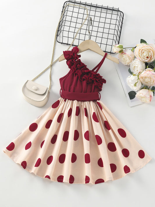SHEIN Kids Nujoom Toddler Girls Polka Dot Asymmetrical Neck Ruffle Trim Belted Dress