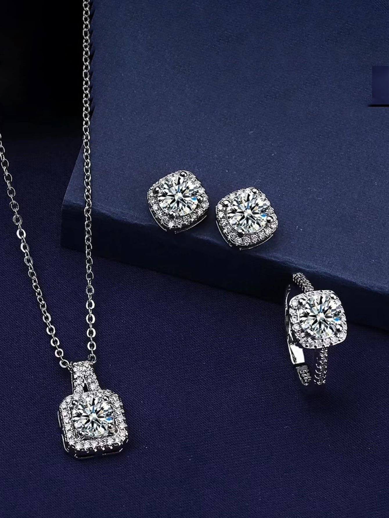4Pcs/Set Luxury Square Shape Rhinestone Inlaid Necklace, Earrings, Ring Set, Suitable for Party & Formal Dress Accessory