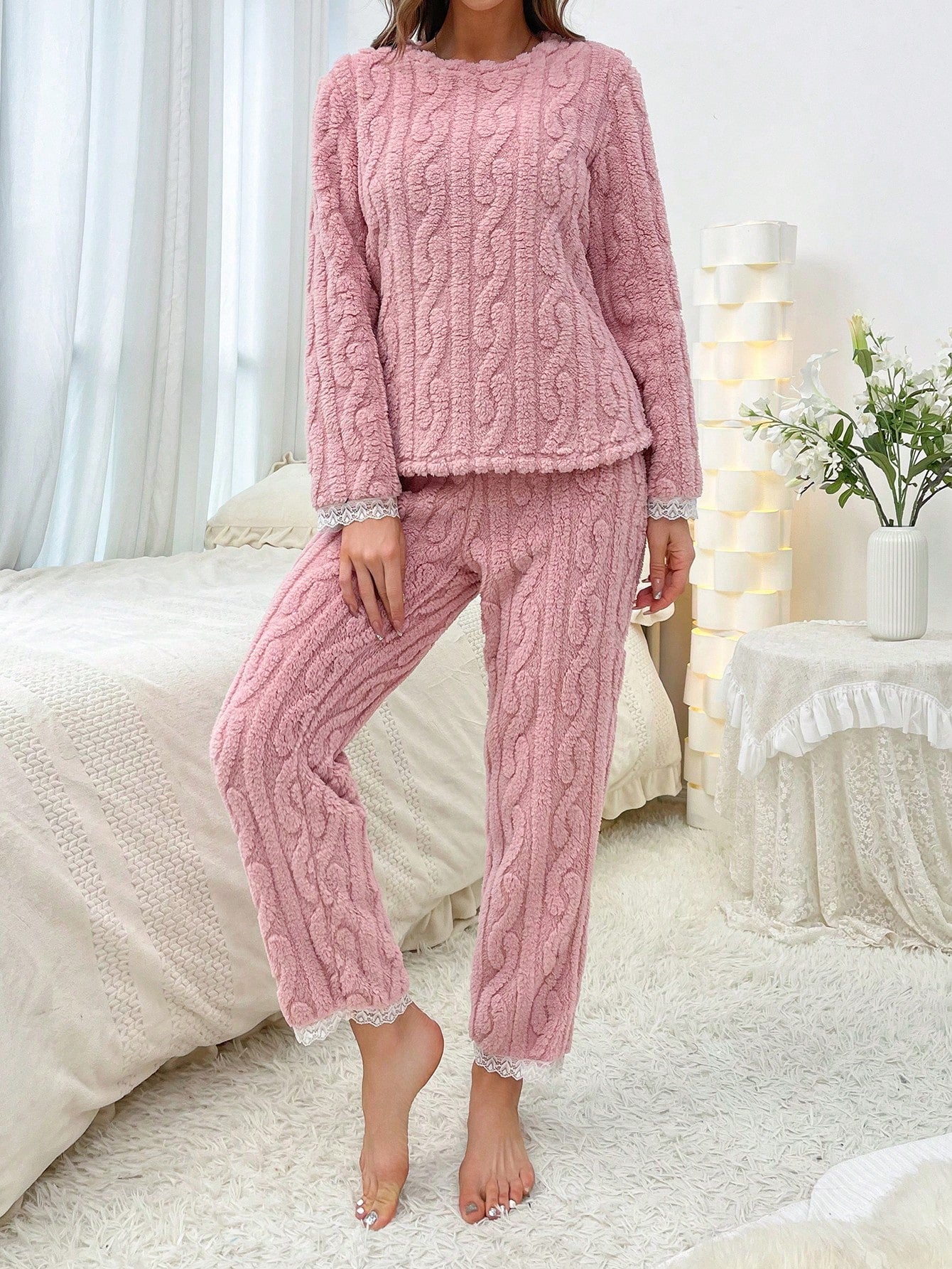 Lace Trim Flannel PJ Set