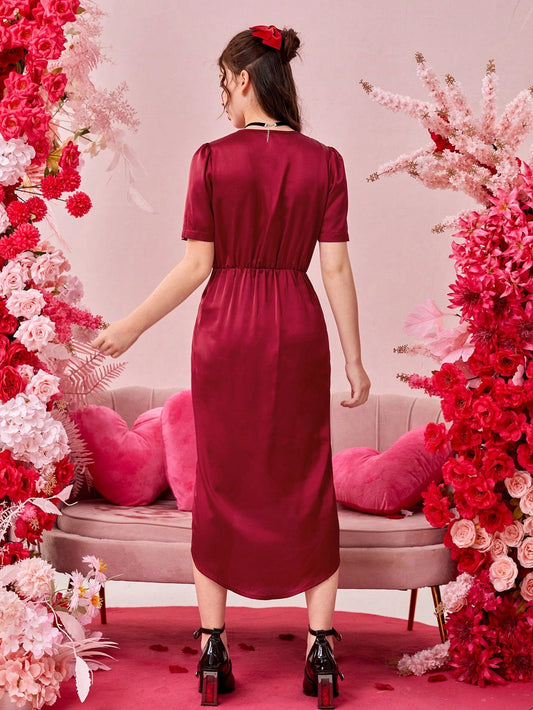 Teen Girls' V-Neck Puff Sleeve Asymmetrical Hem Evening Party Cocktail Dress