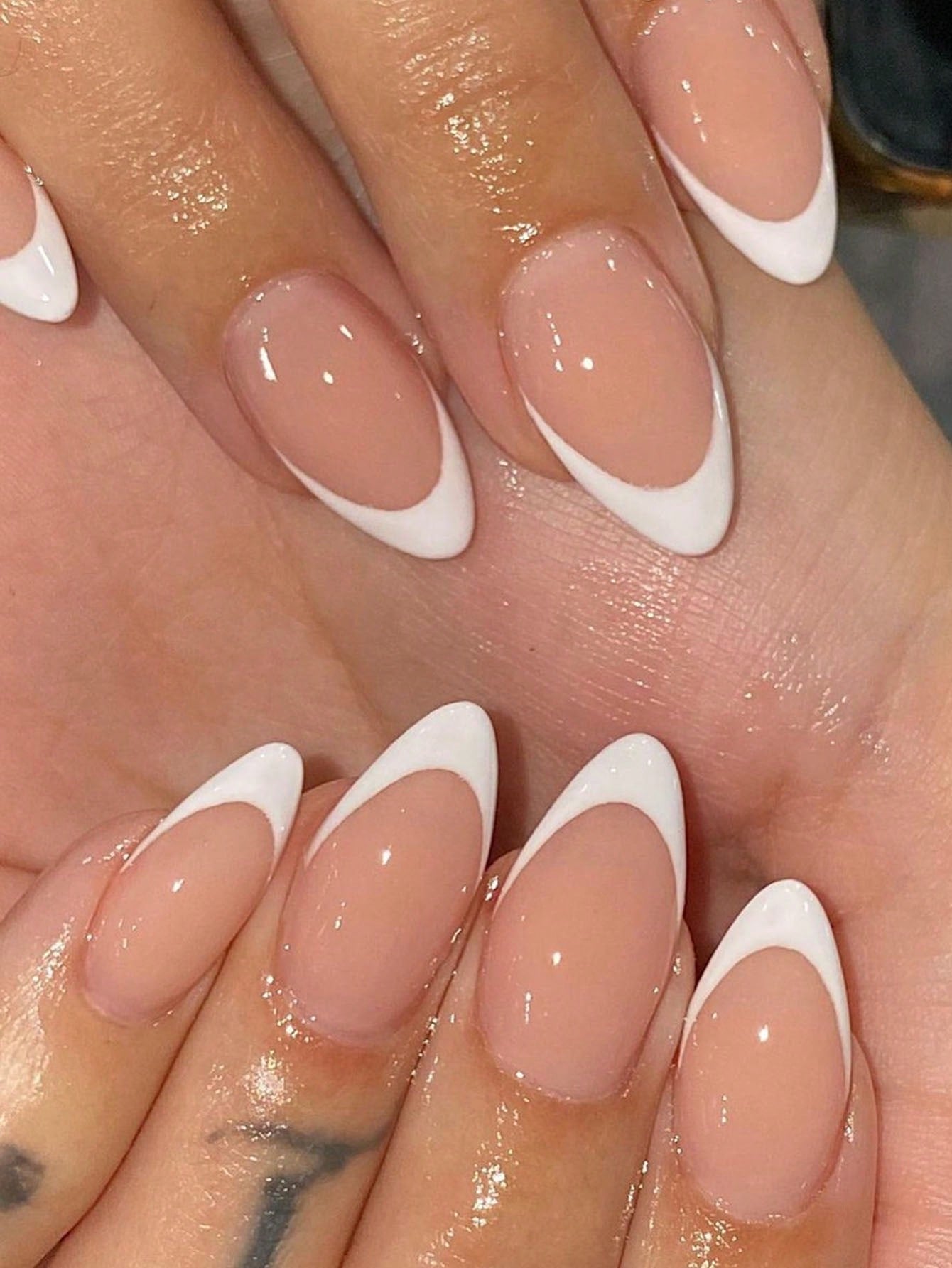 24 Pcs Pink Almond Press on Nails White French Fake Nail Simple Style Handmade Nails Press on for Women and Girls