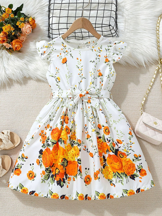 SHEIN Kids Nujoom Young Girl Floral Print Ruffle Trim Belted Dress