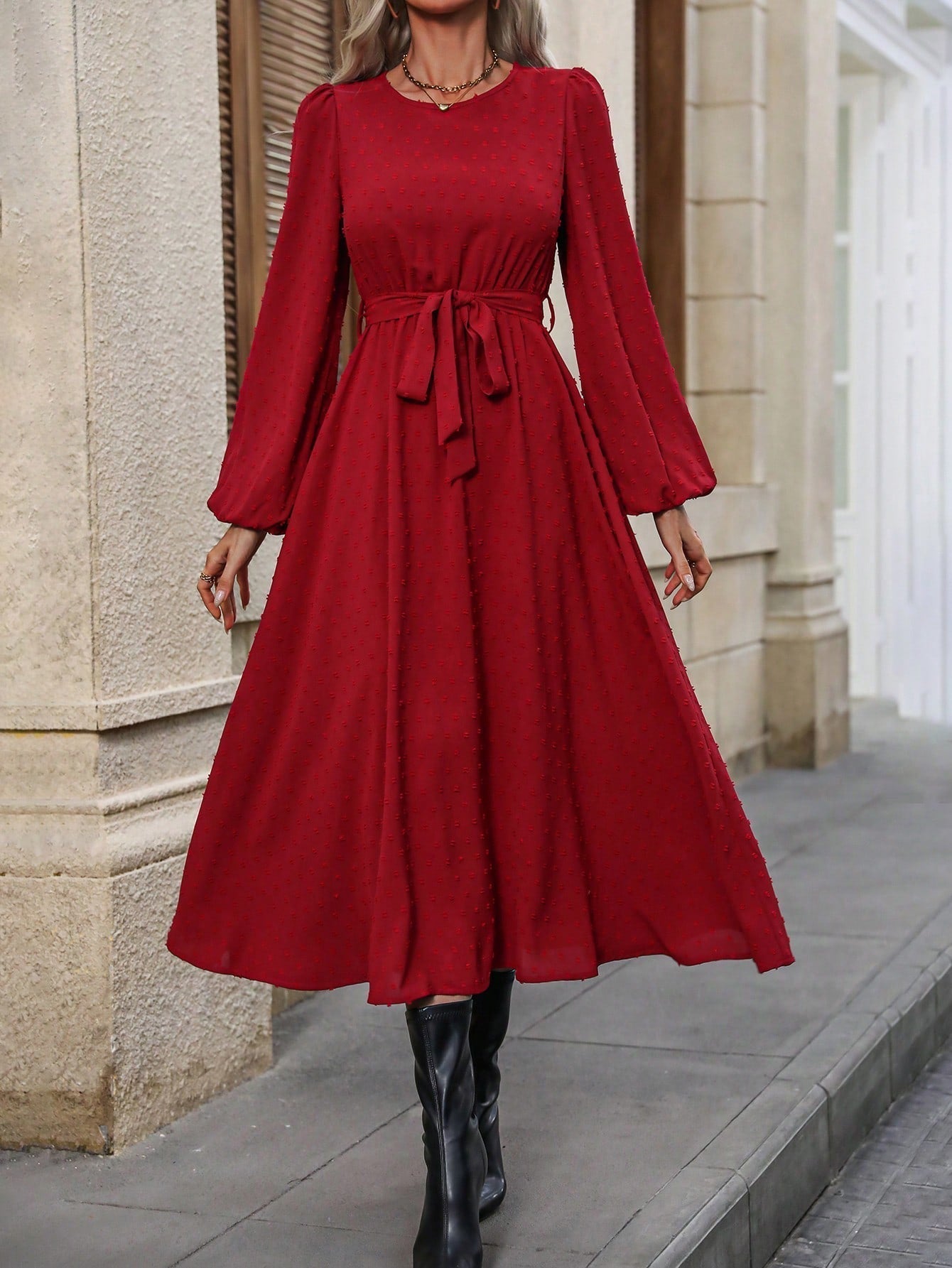 Women'S Lantern Sleeve Belted Dress