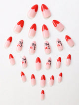 24Pcs/Set Long Stiletto Shaped Valentine'S Day Sweet Red French Style Text Nail Art Tips with 1Pc Nail Buffers and 1Pc Jelly Glue