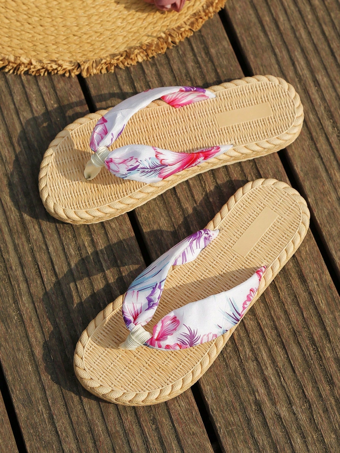 Women Anti-Slip Floral Pattern Flip Flops, Vacation Fabric Flip Flops for Summer