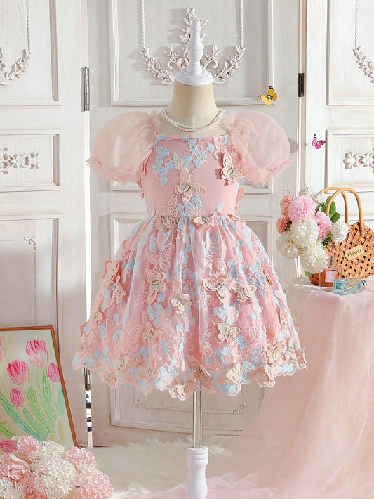 SHEIN Kids CHARMNG New Style Romantic & Gorgeous Puff Sleeves Butterfly Embroidered Lace 3D Flower Mesh Princess Dress for Young Girls
