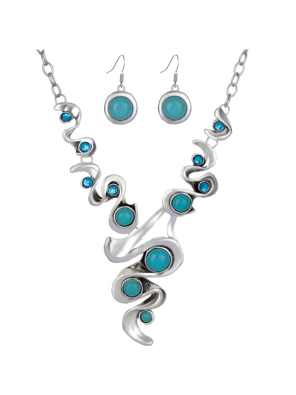 1Pc Bohemian Style Vintage Turquoise Inlaid Silver Plated Necklace & Earrings Set, Suitable for Women'S Daily Wear and Party