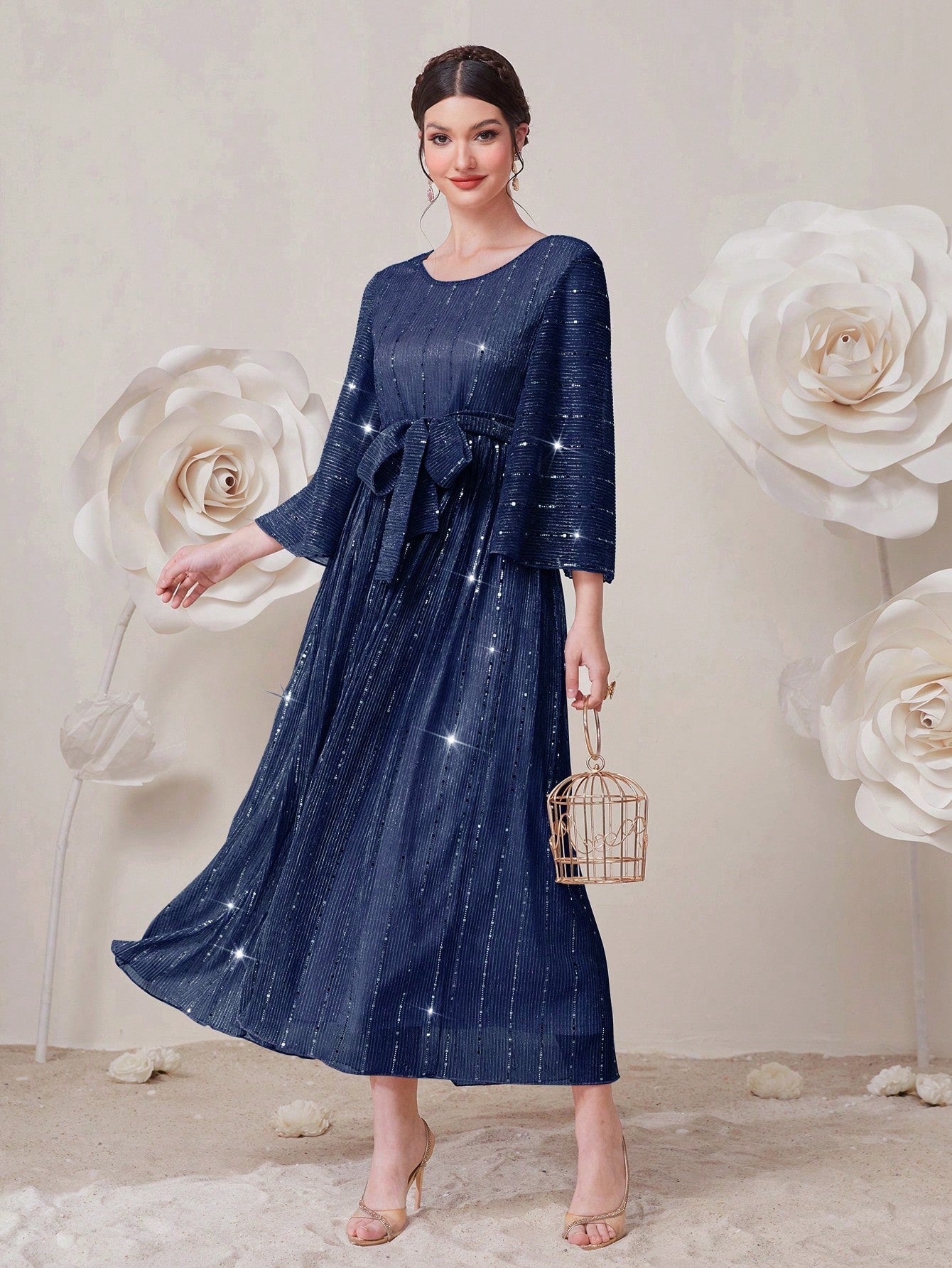 SHEIN Modely Women'S Patchwork Glitter Waist Belted Dress