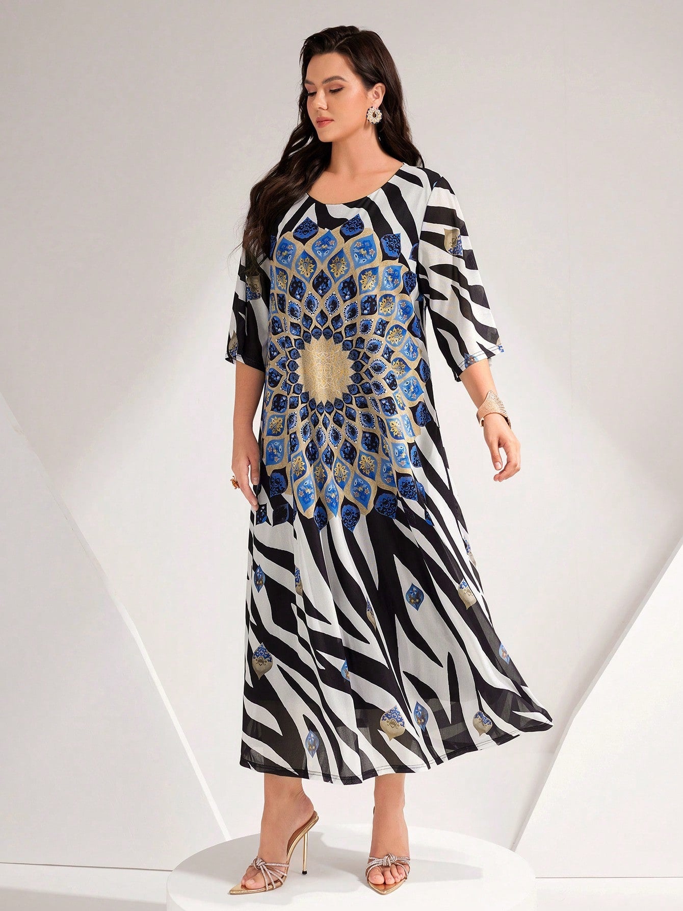 SHEIN Najma plus Zebra Striped & Floral Print Dress