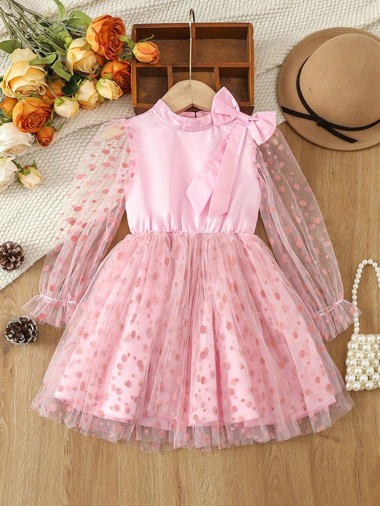 Single Piece Toddler Girls' Pink Vintage Bowknot Polka Dot Mesh Dress for Autumn