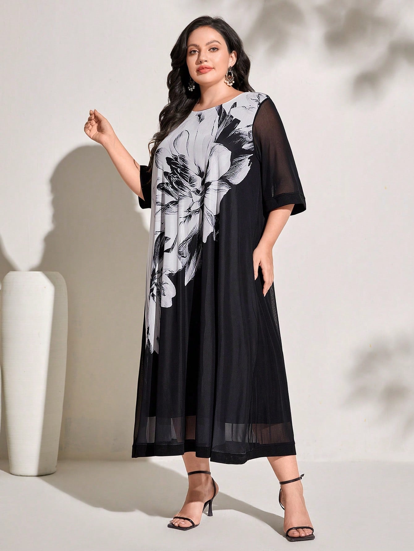 SHEIN Najma plus Floral Print Contrast Mesh Dress