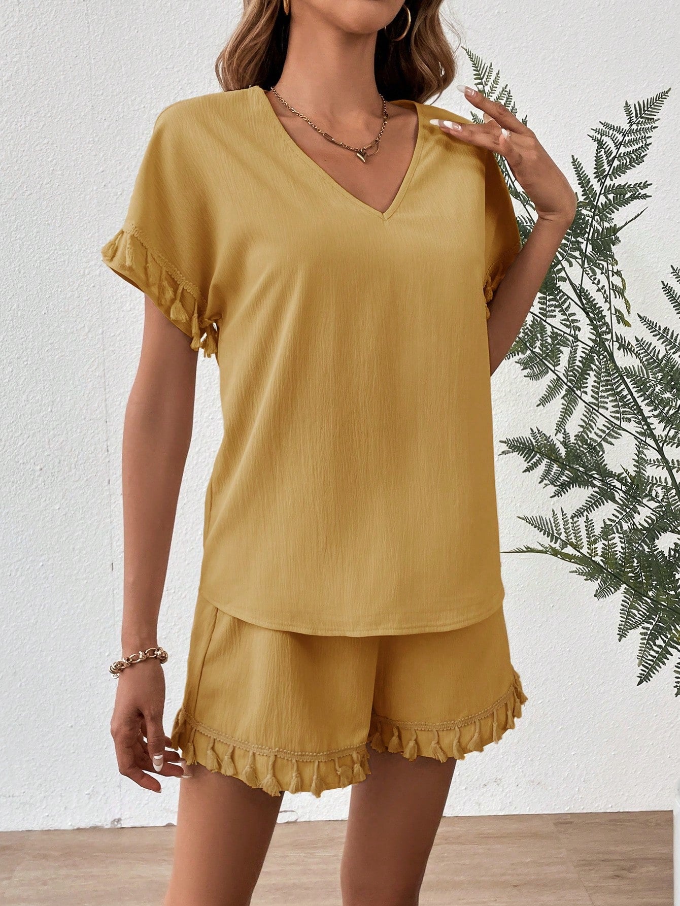 SHEIN VCAY Solid Fringe Trim Batwing Sleeve Blouse & Shorts