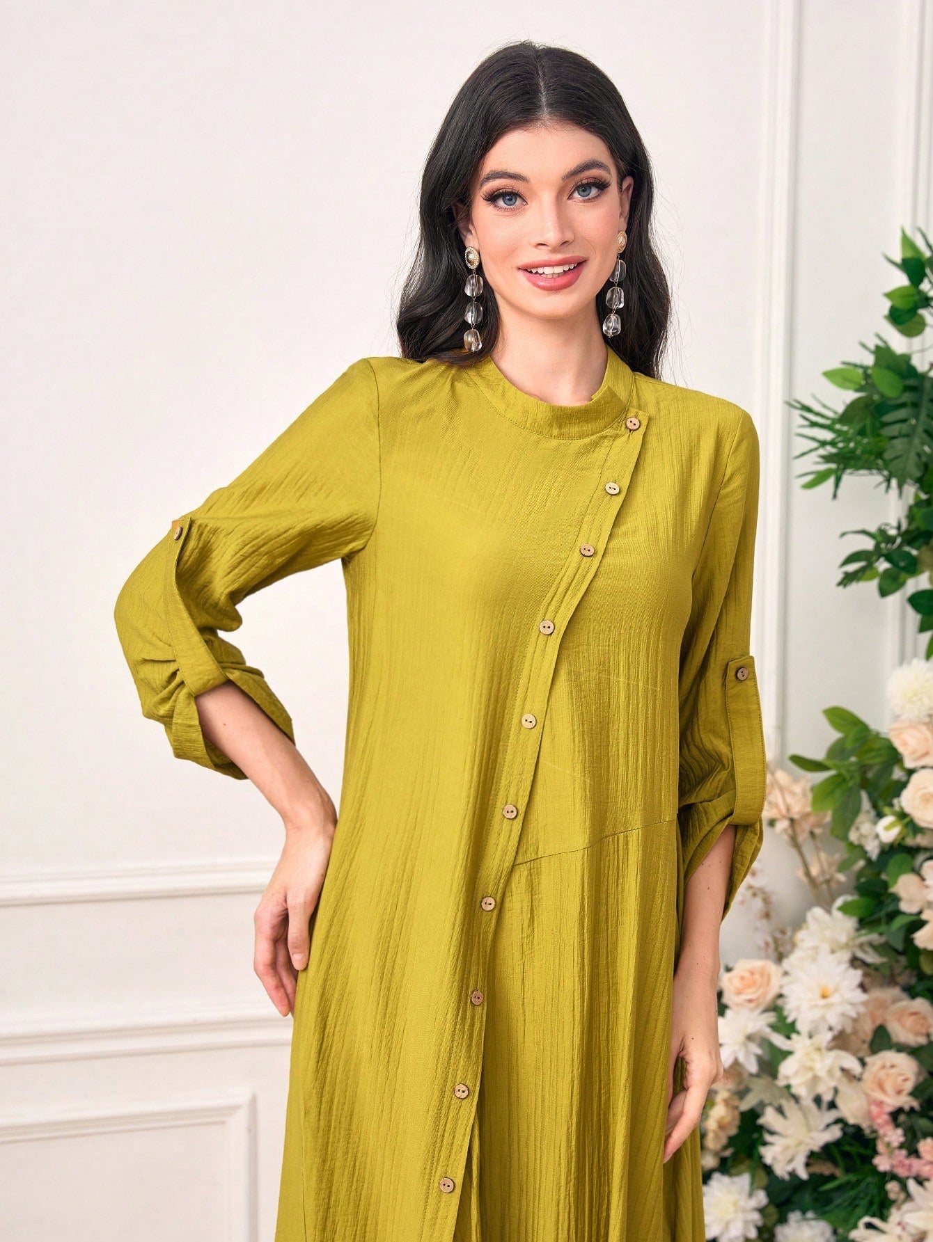 SHEIN Najma Roll up Sleeve Button Front Asymmetrical Hem Dress