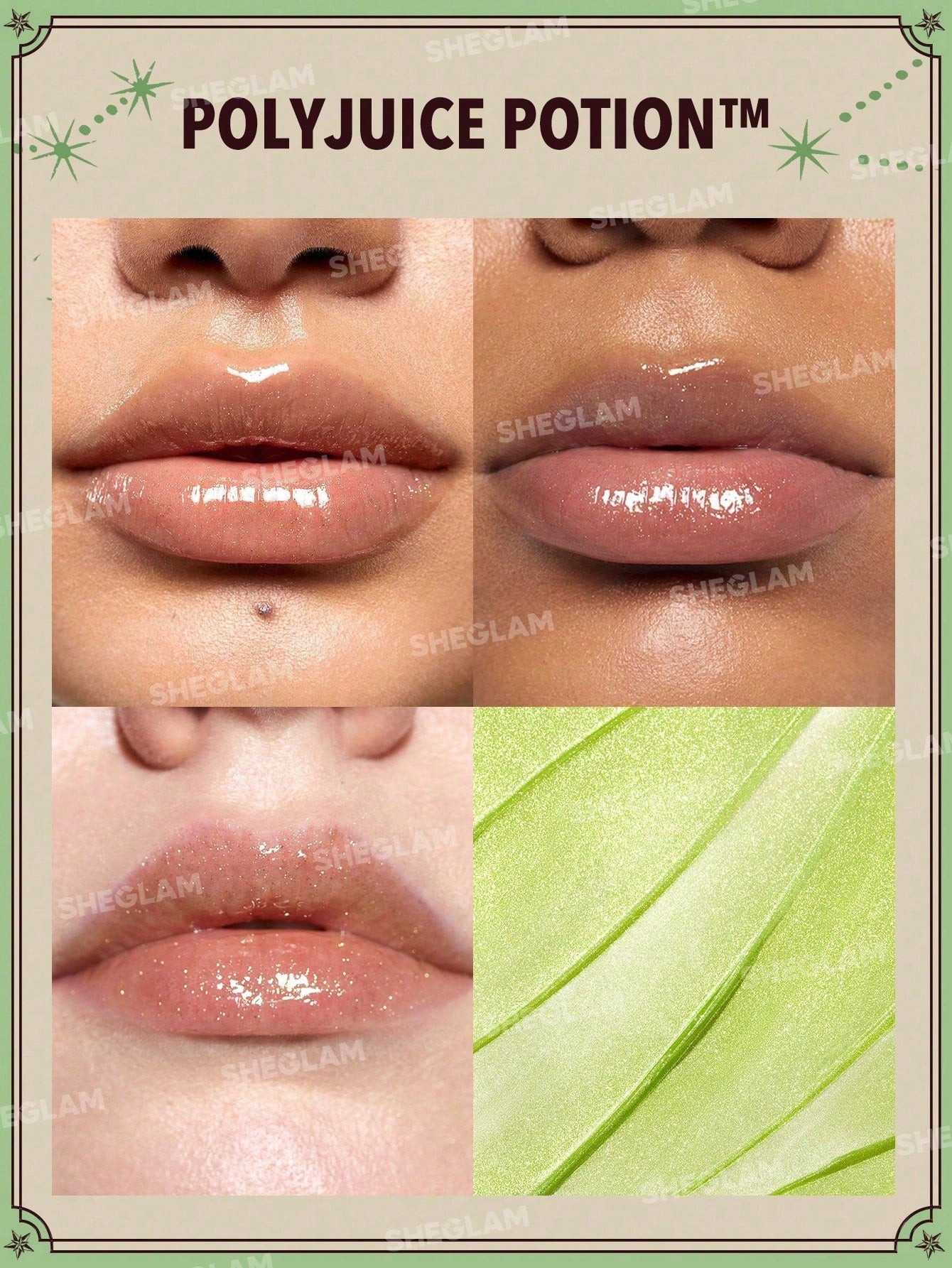 SHEGLAM Harry Potter™ Magic Elixir Lip Gloss-Polyjuice Potion™ High Shine Finish Lip Glaze Shine Glitter Moisturizing Lip Care Reduce Lip Fine Lines Smooth Liquid Lipstick Gift Green Lip Gloss