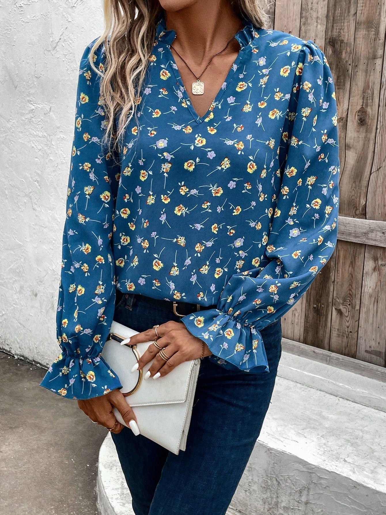 SHEIN Unity Ditsy Floral Print Flare Sleeve Blouse