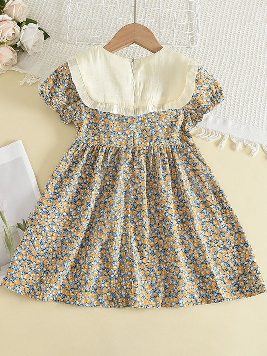 Young Girl Ditsy Floral Print Statement Collar Knot Front Dress