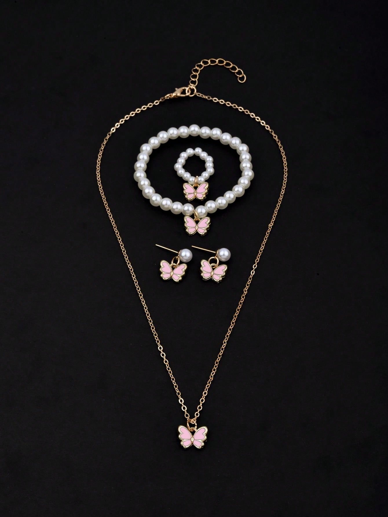 5Pcs/Set Butterfly & Pearl Decor Necklace, Bracelet, Earrings and Ring Set