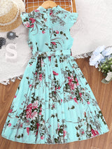 Teen Girls Floral Print Butterfly Sleeve Pleated Hem Belted Dress