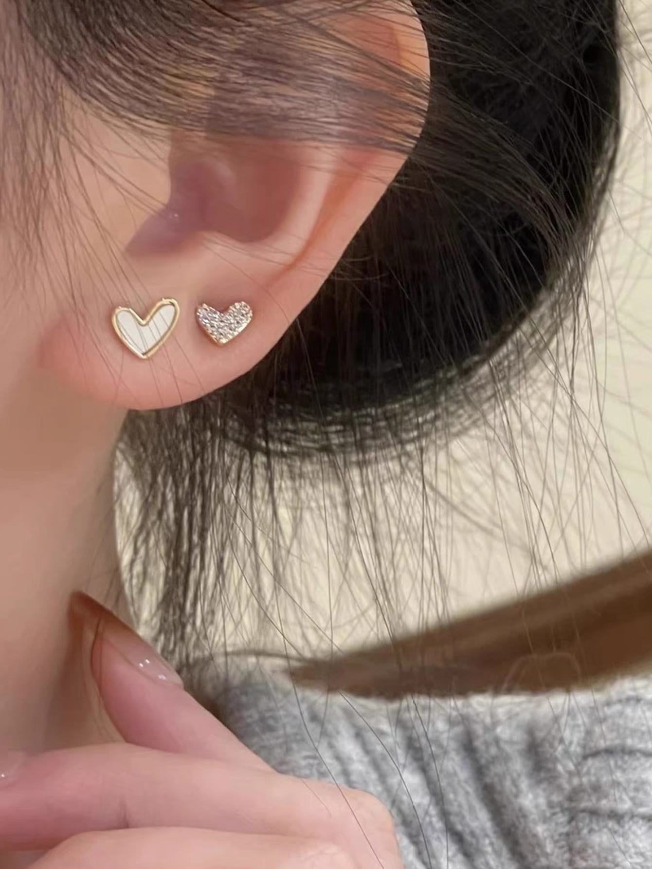 3Pairs/Set Fashionable Simple Delicate Heart Shape Rhinestone Decor Women'S Stud Earrings