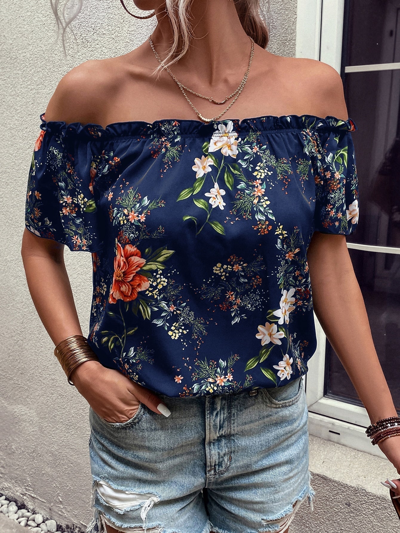 SHEIN VCAY Floral Print off Shoulder Frill Trim Blouse