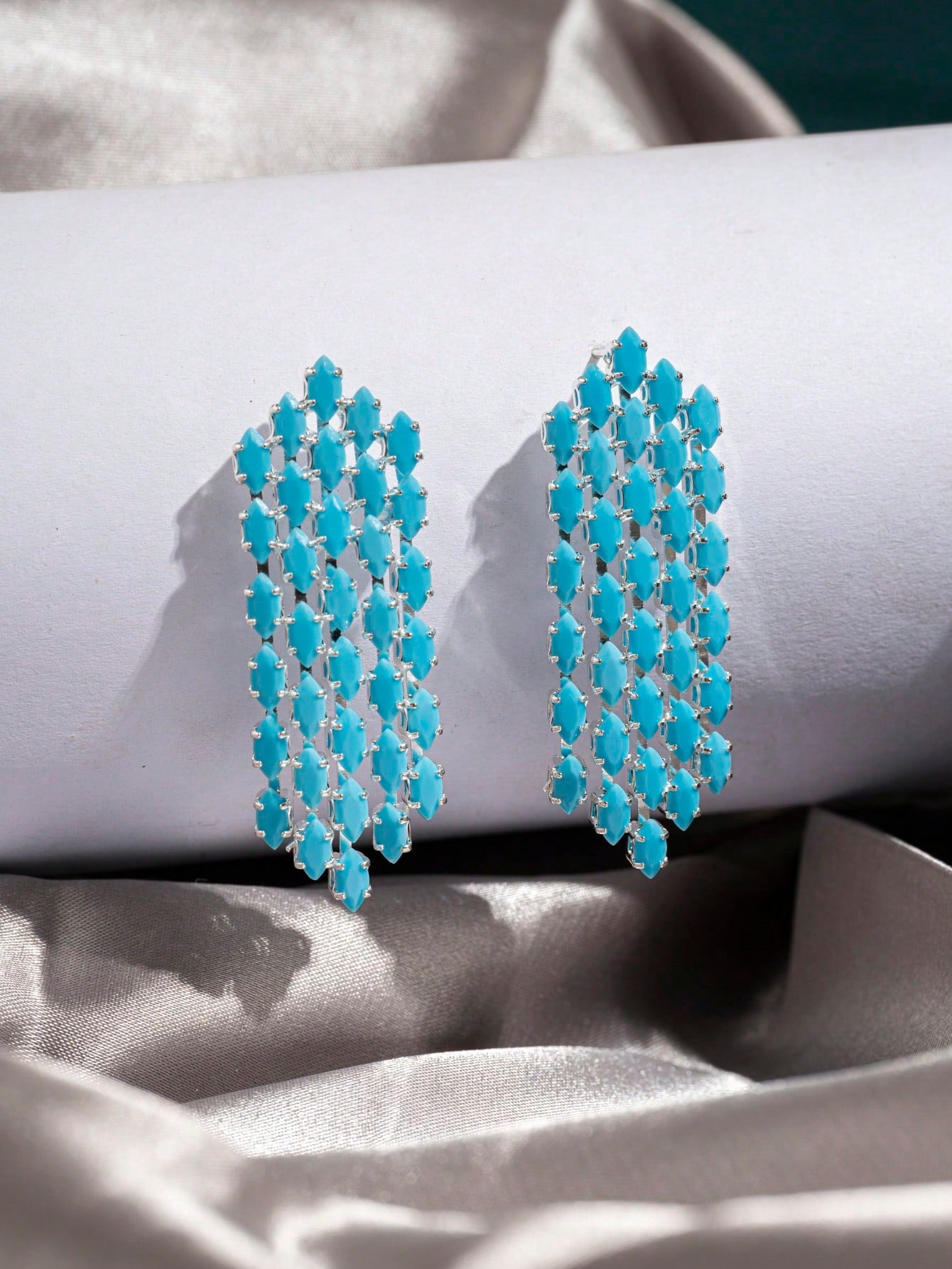 1Pair Fashionable Blue Glass Cat'S Eye & Tassel Dangle Earrings Suitable for Daily & Vacation Wear for Women