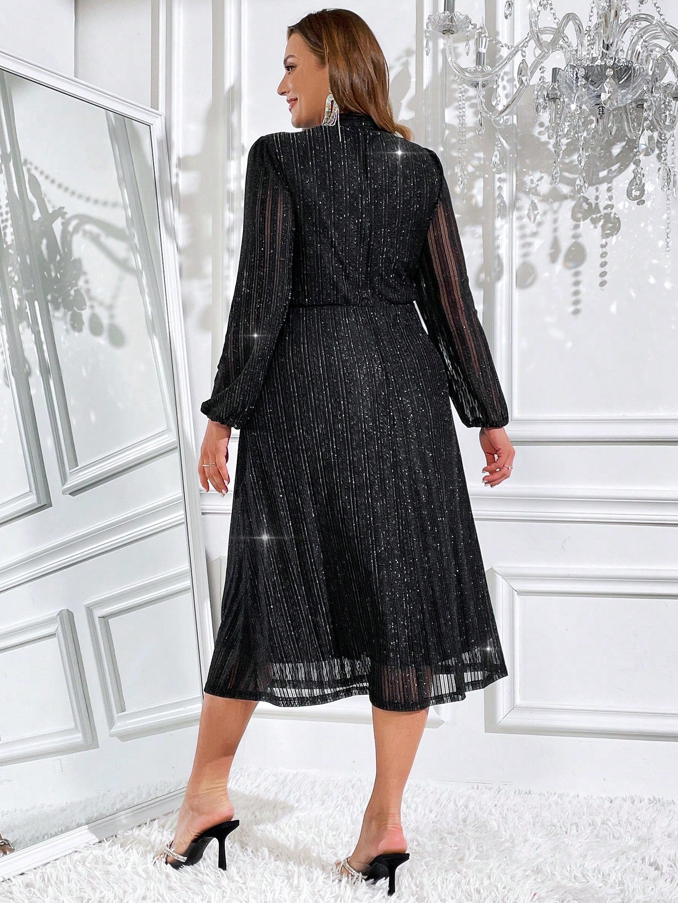 SHEIN Clasi Women'S plus Size Stand Collar Lantern Sleeve Metallic Lurex Dress