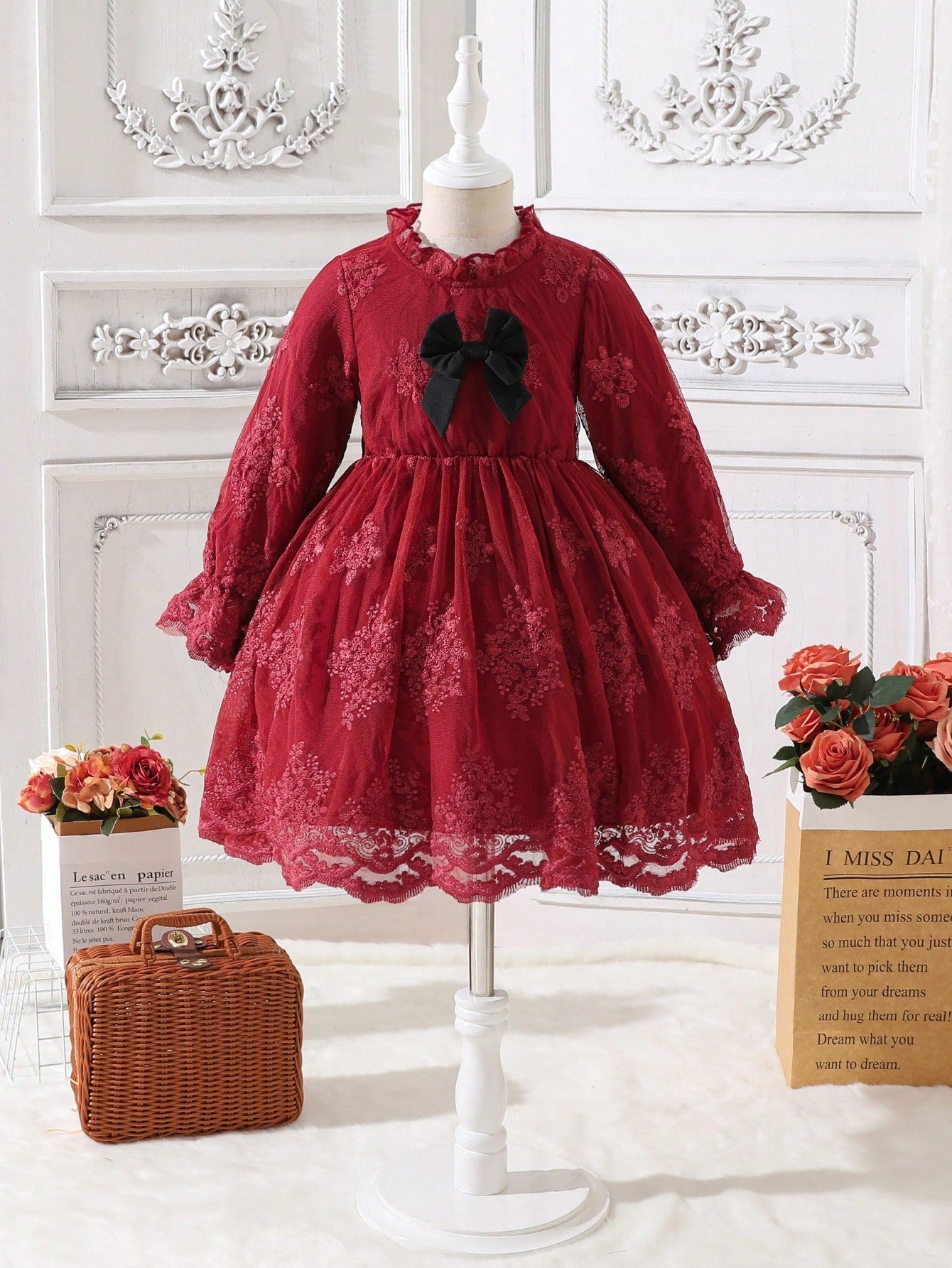 SHEIN Kids CHARMNG Young Girl Bow Front Flounce Sleeve Embroidery Mesh Dress