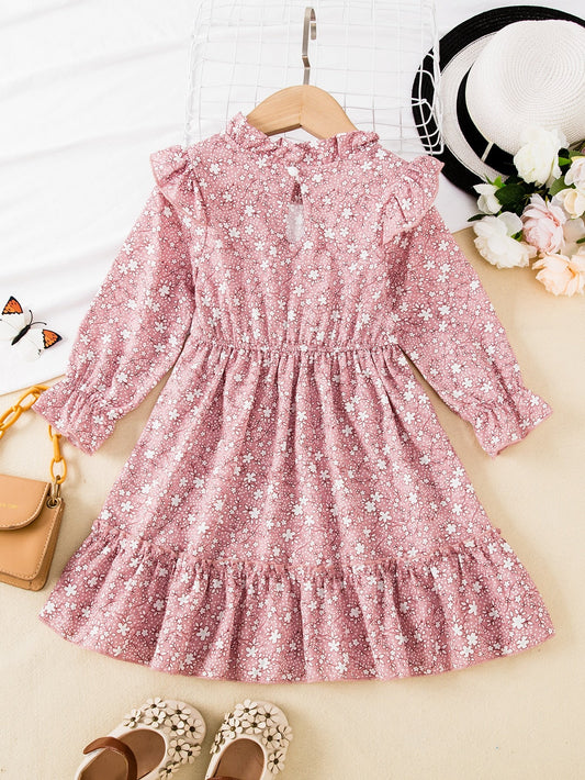 SHEIN Kids EVRYDAY Toddler Girls Ditsy Floral Print Flounce Sleeve Ruffle Trim Dress