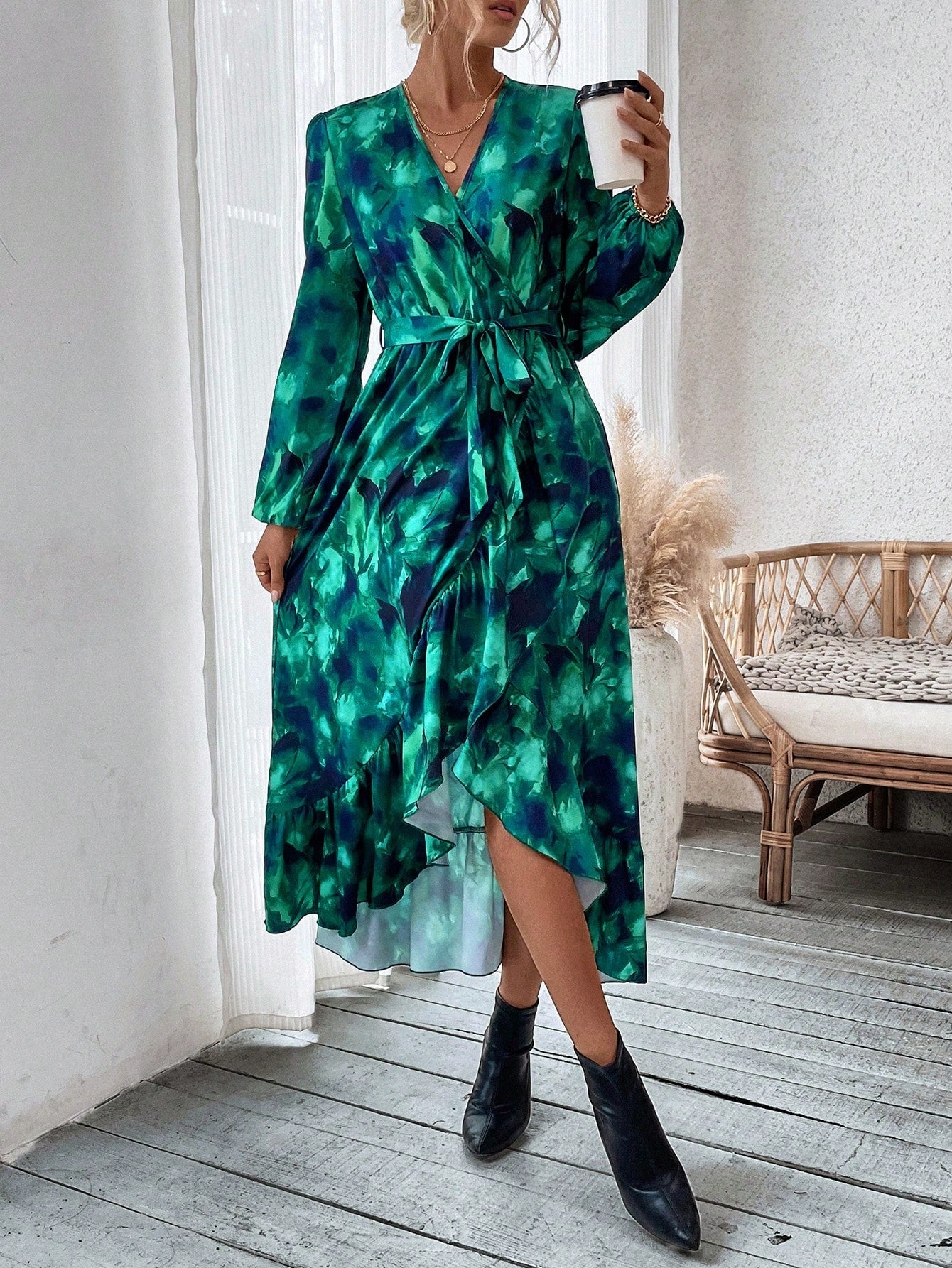SHEIN Essnce Tie-Dye Ruffle Edge Lantern Sleeve Dress
