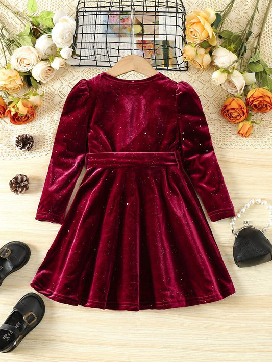 Little Girls' Solid Color Velvet Puff Sleeve Dress with Waist Belt