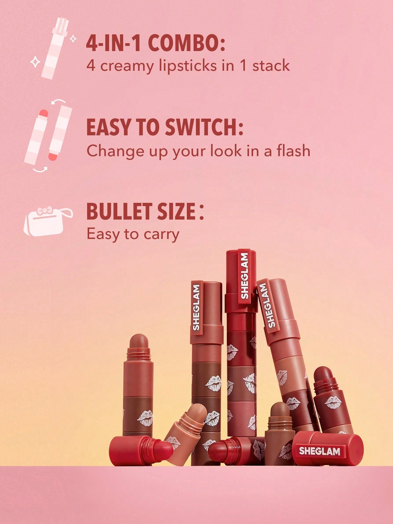 SHEGLAM Mega Lip Stacks-Nude-Bare Stack 4 in 1 Creamy-Matte Nude Lipstick Kit High Pigment Non-Drying Portable Travel Lipstick Kit Lip Makeup Black Friday Lipstick