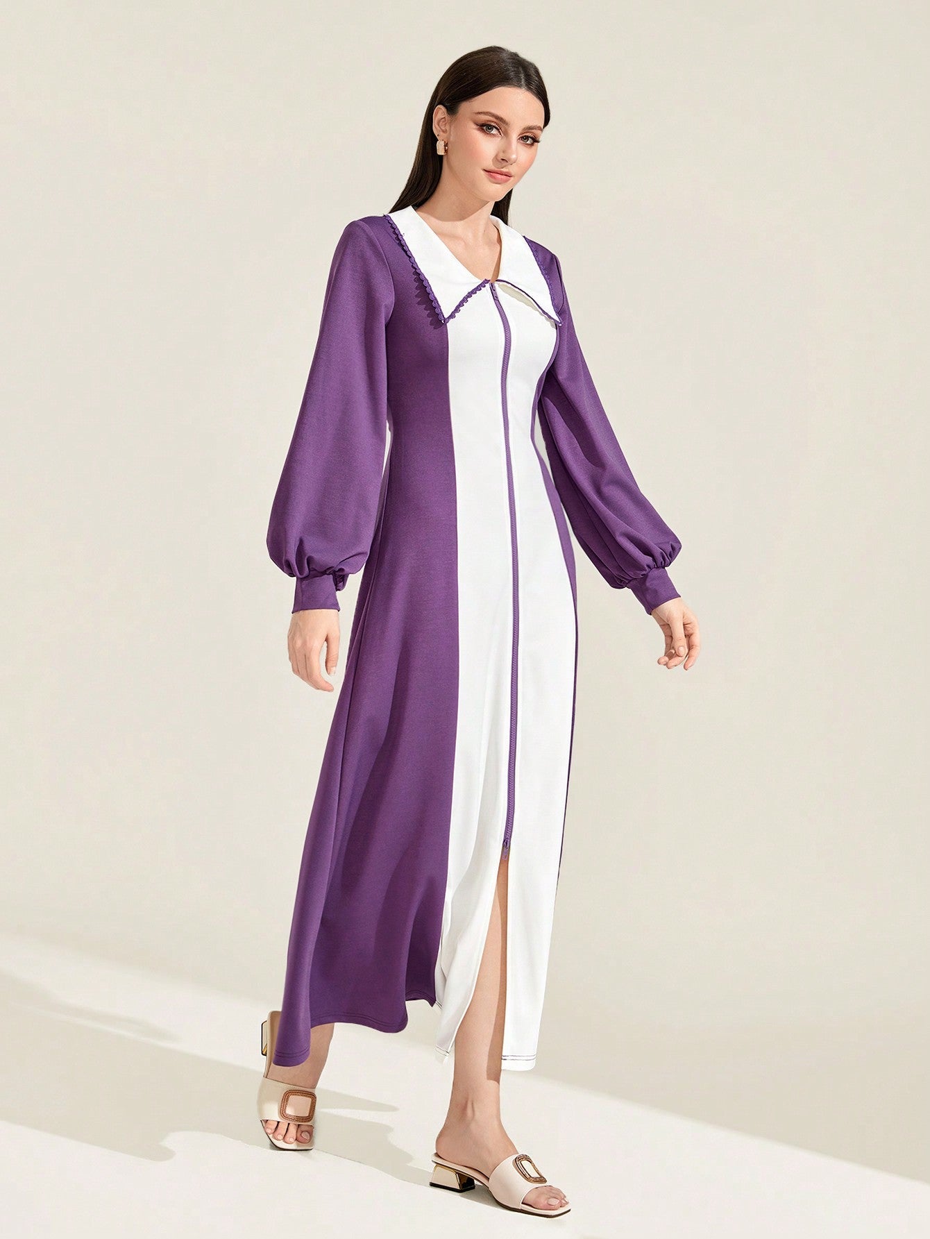 SHEIN Mulvari Two Tone Lantern Sleeve Split Hem Dress